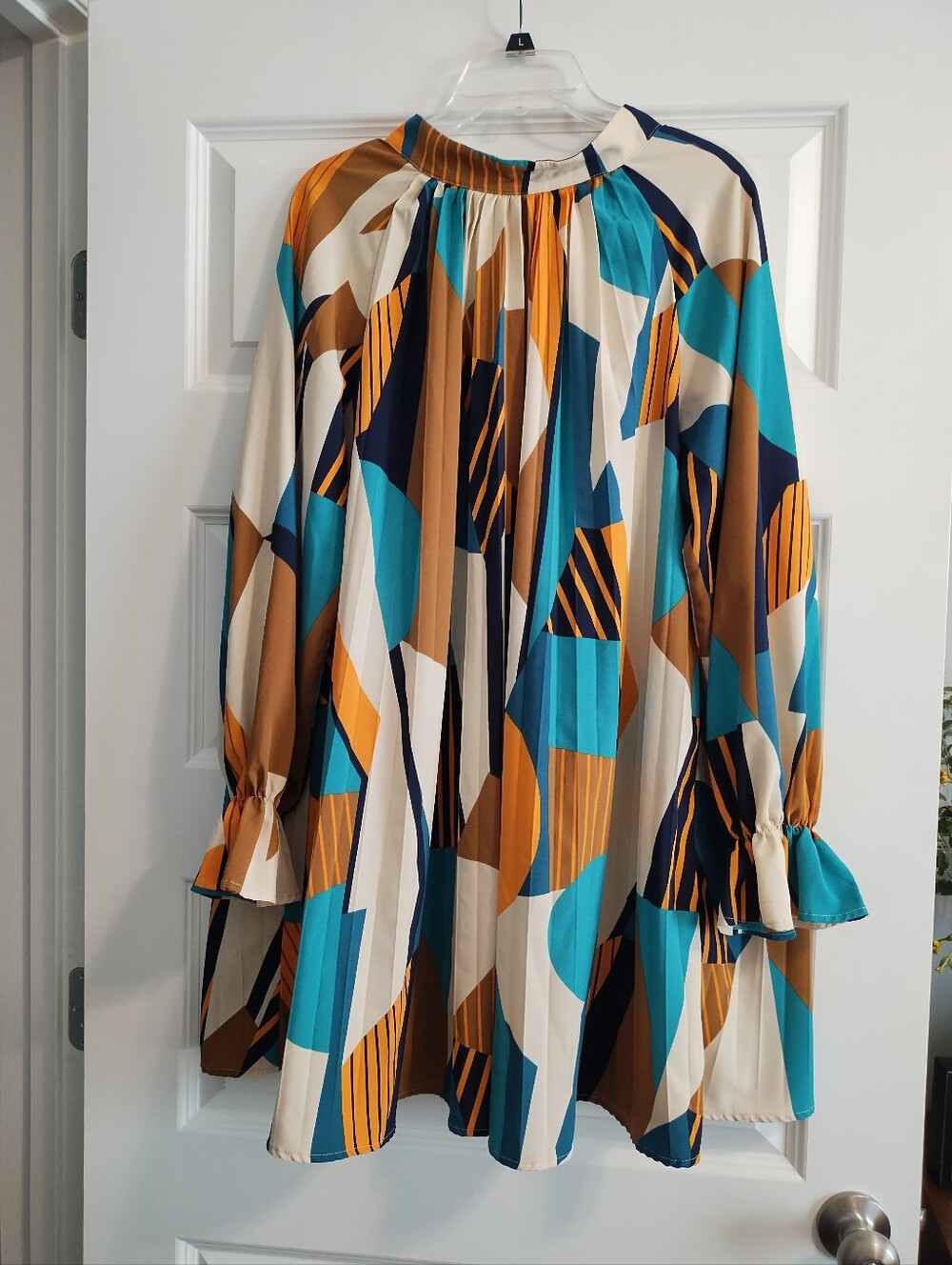 Shein Women’s Floral Geometric Pleated Dress in Teal, Orange, & Cream